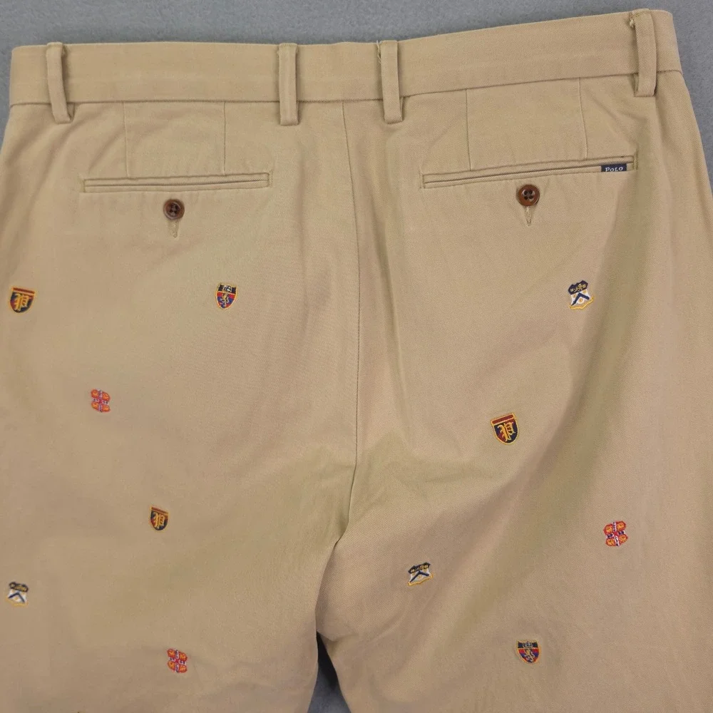 POLO RALPH LAUREN Chino Pants Crest Embroidery Khaki 35x32 Classic Fit Cotton